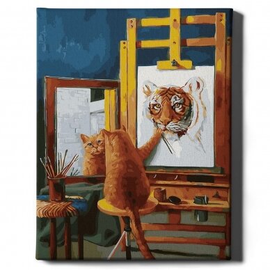 Coloring page. Cute artist kitten with easel and paint brush Stock