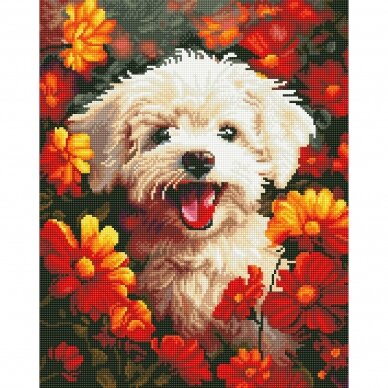 Puppy in flowers 40*50 cm (round diamonds)