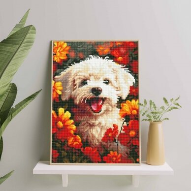 Puppy in flowers 40*50 cm (round diamonds) 1